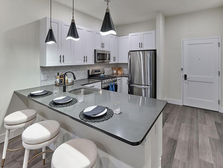 A beautiful white themed modern kitchen in this Essex County, NJ multi-family apartment building